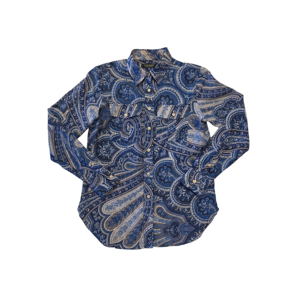 Lauren Ralph Lauren PS Blue Paisley Button Front Shirt Silk Blend Women's Small